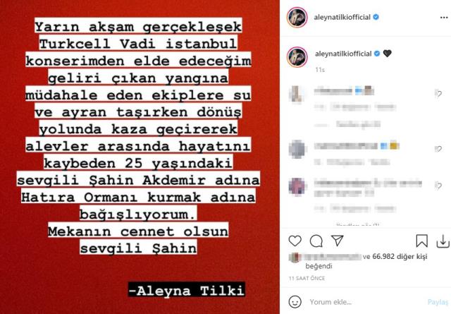 Aleyna Tilki, itfaiye görevlilerine yardım ederken hayatını kaybeden Şahin Akdemir için hatıra ormanı yaptıracak