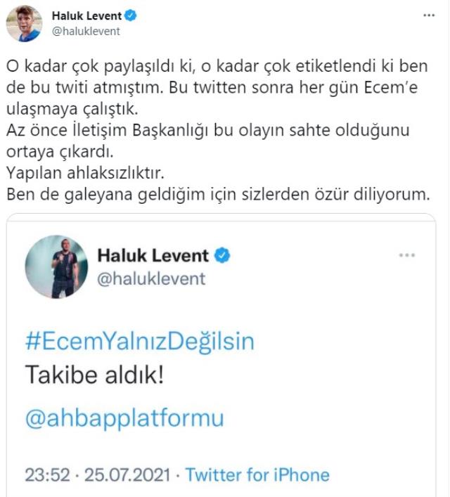 Haluk Levent, 'Ecem Güçlük' hesabının sahte olduğunu öğrenince özür diledi: Galeyana geldim