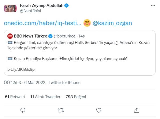 Farah Zeynep Abdullah, Bergen filmini yayınlatmayan Kozan Belediye Başkanı'na 'IQ testi' gönderdi