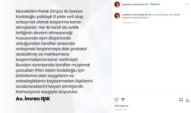 Petek Dinçöz, 8 yıllık eşi Serkan Kodaloğlu ile tek celsede boşandı