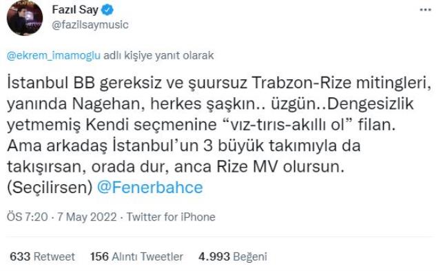 Ali Koç ile polemiğe giren İmamoğlu'na en sert tepki Fenerbahçeli Fazıl Say'dan geldi: Sen anca Rize vekili olursun