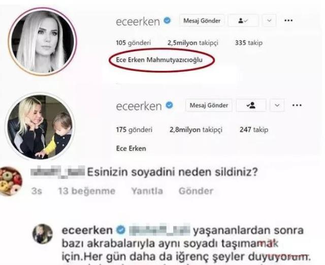 Eşinin ailesine resti çeken Ece Erken, sosyal medyada Mahmutyazıcıoğlu soyadını sildi