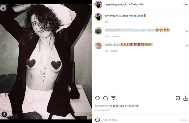 Model Senem Kuyucuoğlu, göğüs uçlarını sansürleyerek yarı çıplak pozunu paylaştı