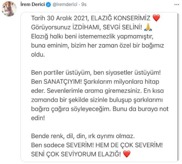 Elazığ'da vereceği konseri iptal edilen İrem Derici'den tepki: Ben siyasetler üstüyüm, sevenlerimle arama giremezsiniz