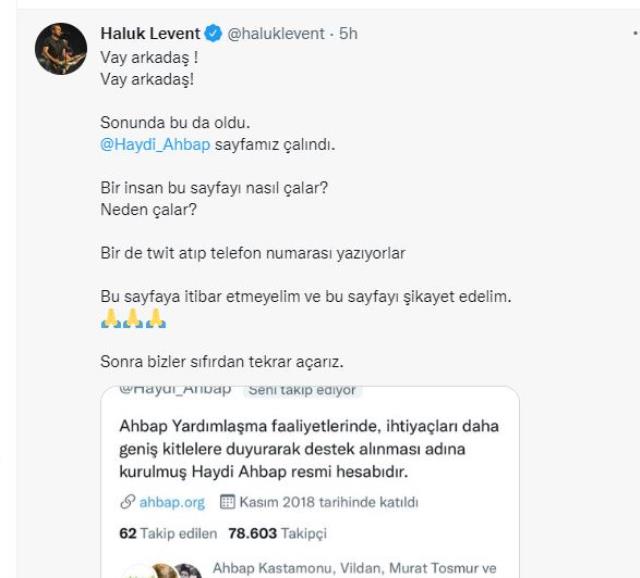 Ünlü şarkıcı Haluk Levent, hacklenen AHBAP yardım derneği için istenilen parayı paylaştı