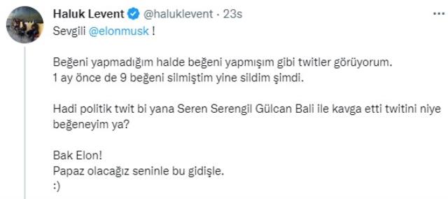 Twitter hesabından kontrolü dışında beğeniler yapıldığını gören Haluk Levent, Elon Musk'a seslendi: Papaz olacağız seninle