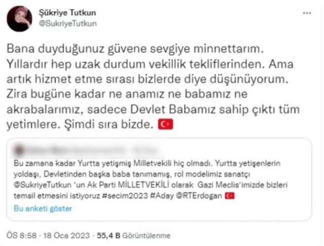 Erdoğan'a şarkı yapan ünlü isim Şükriye Tutkun AK Parti'den milletvekili olmaya yeşil ışık yaktı