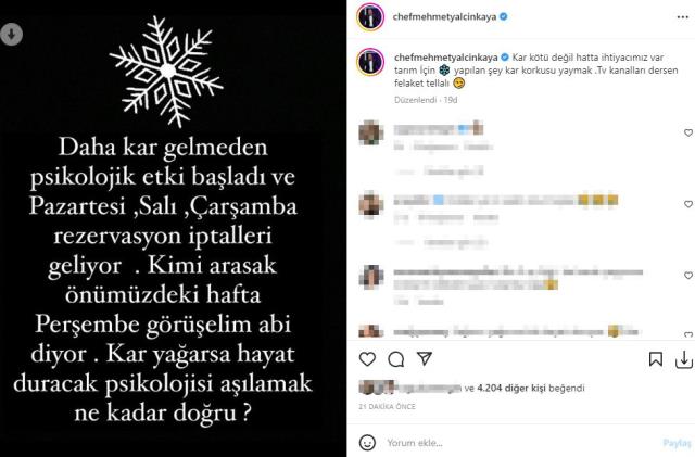 Restoranına yapılan rezervasyonlar hava koşulları nedeniyle iptal edilen Mehmet Yalçınkaya sitem etti: Kar gelmeden psikolojik etki başladı