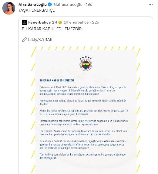 Oyuncu Afra Saraçoğlu'ndan deplasman yasağı getirilen Fenerbahçe'ye destek