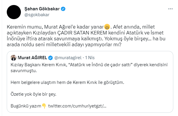 Gökbakar'dan AK Partili Turan'ın tepkisi sonrası Kerem Kınık'a olay mesaj: Kerem hafiften titreme geldi mi?