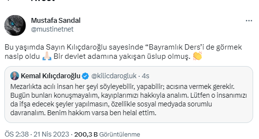 Kılıçdaroğlu'nun açıklamasını alıntılayan Mustafa Sandal'dan dikkat çeken paylaşım: Bu yaşımda bayramlık dersi de görmek nasip oldu