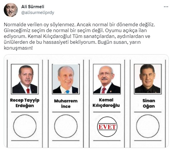 Oyuncu Ali Sürmeli 'Oyumu açıkça ilan ediyorum' diyerek Kemal Kılıçdaroğlu'nu desteklediğini duyurdu