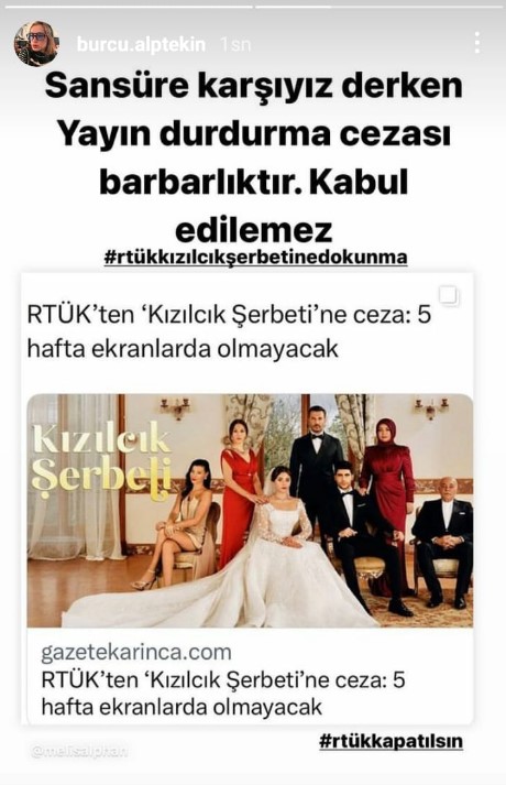 Yalı Çapkını dizisinin oyuncularından RTÜK'ün ceza verdiği Kızılcık Şerbeti'ne destek