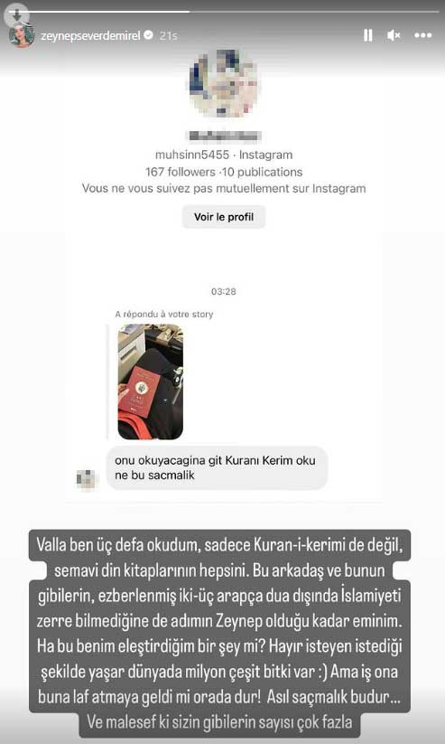 Zeynep Demirel'den 'Git Kuran-ı Kerim oku' diyen takipçisine sert tepki