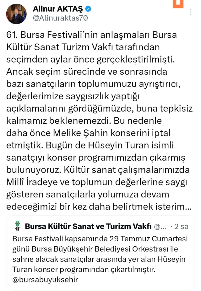 Bursa Büyükşehir Belediyesi, Hüseyin Turan''ın konser programını iptal etti