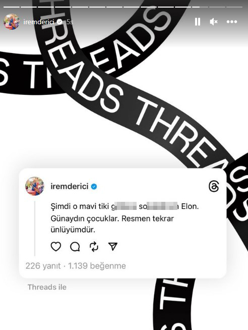 Threads uygulamasına üye olan İrem Derici, ilk paylaşımında Elon Musk'a küfretti