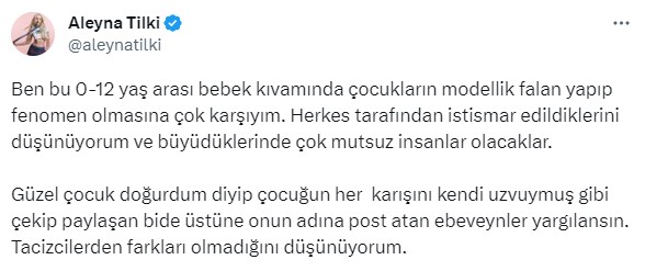 Aleyna Tilki, çocuklarını paylaşan aileleri hedef aldı: Yargılansınlar, tacizcilerden farkı yok