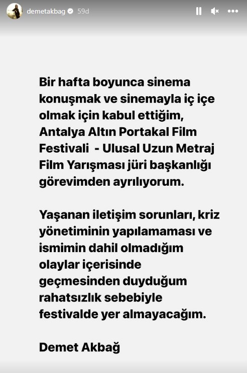 Demet Akbağ, Antalya Altın Portakal Film Festivali'ndeki jüri başkanlığını bıraktı
