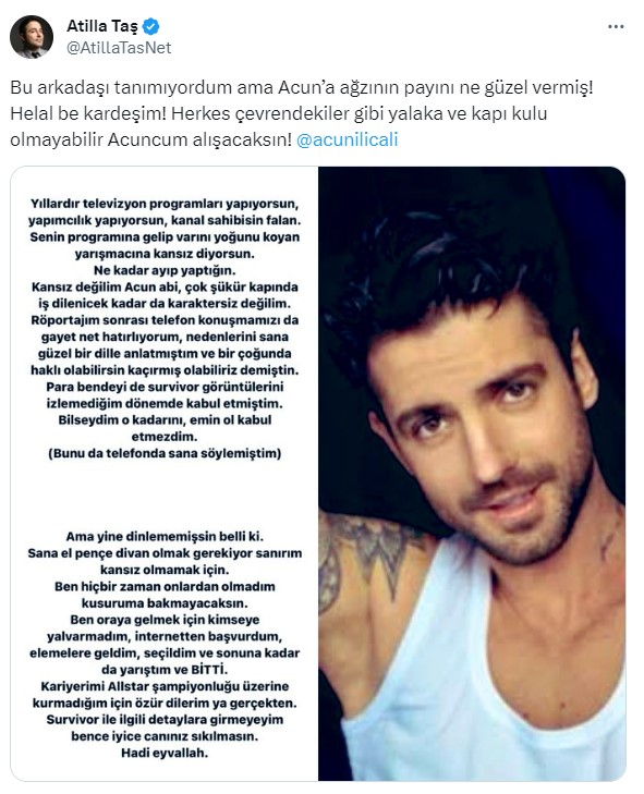 Atilla Taş'tan kendisine 'Kansız' diyen Acun Ilıcalı'ya öfke kusan Serkay Tütüncü'ye destek