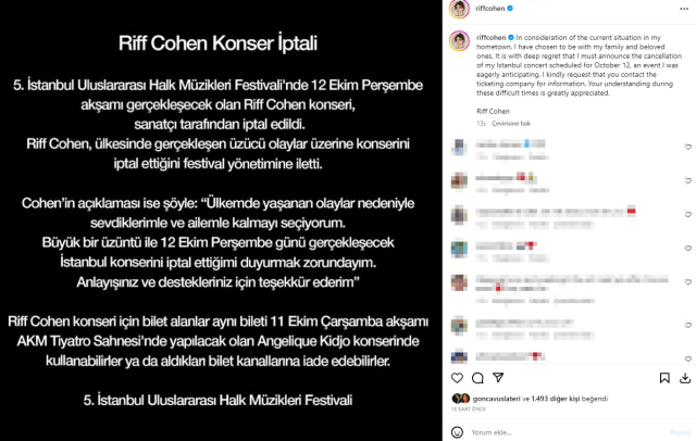 İsrailli müzisyen Riff Cohen, İstanbul konserini iptal etti