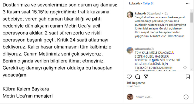 Metin Uca'nın Sağlık Durumuyla İlgili Menajerinden Açıklama: 'Kritik 24 Saati Bekliyoruz'