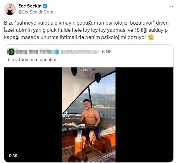 Ece Seçkin'den 'Külotla sahneye çıkmasınlar' diyen İzzet Yıldızhan'ın tekne videosuna tepki