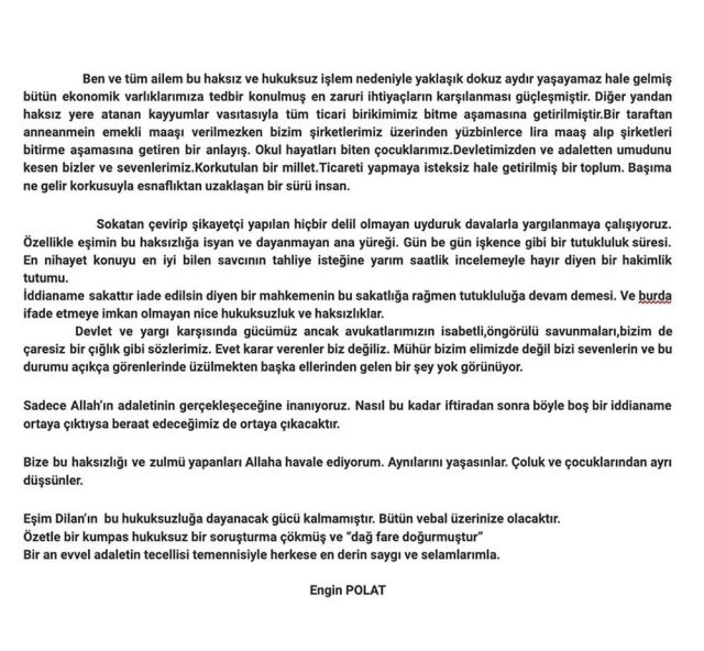 Engin Polat'dan cezaevinden aylar sonra ilk paylaşım: Eşim Dilan'ın hukuksuzluğa dayanacak gücü kalmadı