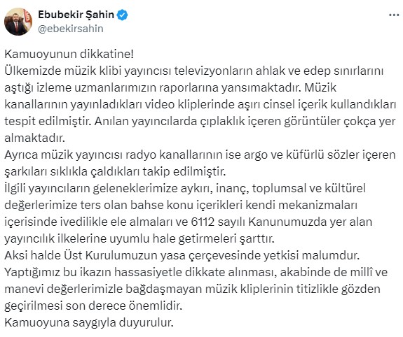 RTÜK, aşırı cinsel içerikli müzik ve klip yayınları için müzik kanallarına uyarıda bulundu