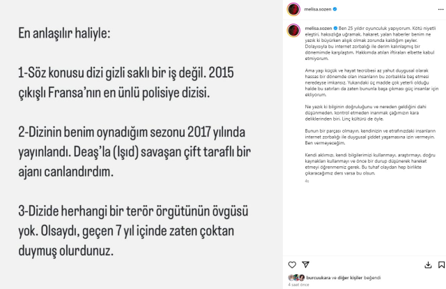 Dizide PYD'li teröristi oynadığı için tepki çeken Melisa Sözen, eleştirilere sessiz kalmadı