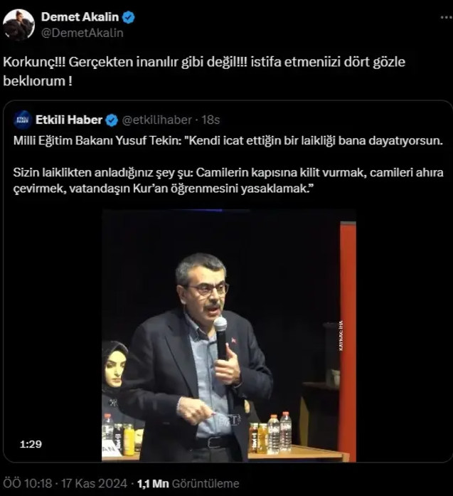 Demet Akalın, Bakan Tekin ile ilgili paylaşımını sildi